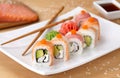 Rainbow dragon sushi roll with salmon, avocado