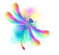 Rainbow dragonfly on watercolor background