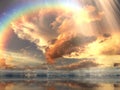 Rainbow at Dramatical sunset on blue pink sky yellow clouds skyline, water sea reflection beautiful landscape summer nature Royalty Free Stock Photo