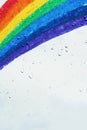 A rainbow drawn with crayons and raindrops falling on it. Royalty Free Stock Photo