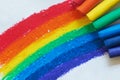 A rainbow drawn with crayons and raindrops falling on it. Royalty Free Stock Photo