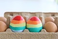 Rainbow Easter eggs surrounded of many eggs in carton cage, colorful eggs painted in rainbow colors of LGBTQ gays and lesbians