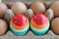 Rainbow Easter eggs surrounded of many eggs in carton cage, colorful eggs painted in rainbow colors of LGBTQ gays and lesbians