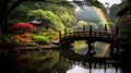 Rainbow behind a Japanese bridge