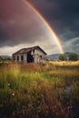 a rainbow emerging from dark rain clouds