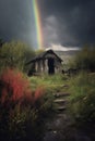 a rainbow emerging from dark rain clouds