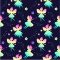 Rainbow fairy silhouettes and flowers. Vector pattern. Magic background