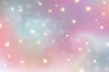 Rainbow fantasy background. Bright multicolored sky with hearts, stars and bokeh. Holographic illustration in pastel Royalty Free Stock Photo