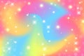 Rainbow fantasy background. Holographic illustration in pastel colors. Multicolored sky with stars and bokeh Royalty Free Stock Photo