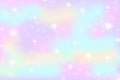 Rainbow fantasy background. Holographic illustration in pastel colors. Multicolored sky with stars and bokeh Royalty Free Stock Photo