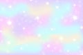 Rainbow fantasy background. Holographic illustration in pastel colors. Multicolored sky with stars and bokeh. Royalty Free Stock Photo