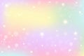 Rainbow fantasy background. Holographic illustration in pastel colors. Multicolored sky with stars and bokeh. Royalty Free Stock Photo