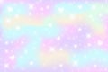 Rainbow fantasy background. Holographic illustration in pastel colors. Multicolored sky with stars and hearts. Vector Royalty Free Stock Photo