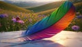 Rainbow Feather Resting on Marble Surface with a Meadow Backdrop Royalty Free Stock Photo