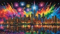 Rainbow fireworks over the city Royalty Free Stock Photo