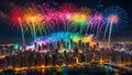 Rainbow fireworks over the city Royalty Free Stock Photo