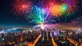 Rainbow fireworks over the city Royalty Free Stock Photo