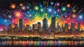 Rainbow fireworks over the city Royalty Free Stock Photo