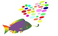 The rainbow fish in rasta style smokes a pipe and exhales smoke in the form of a heart from multi-colored balls. Royalty Free Stock Photo