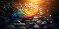 Rainbow flag on a cobblestone path with butterflies and sunlight shining through the trees above it Royalty Free Stock Photo