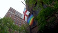 A rainbow flag on front of Trinity Church in New York.