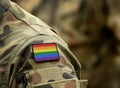 Rainbow flag LGBT movement on military uniform. Integration of homosexuals in the military. Discrimination in army. Collage