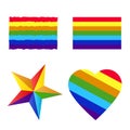 Rainbow flag set. LGBT gay and lesbian pride symbols, star, heart. Modern flat vector illustration stylish design element Royalty Free Stock Photo