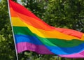 Rainbow flag supporting LGBT community on gay parade event. Colourful flag in the crowd during gay pride celebration