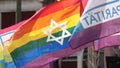 Rainbow lgbt flag wave with David star. Gay pride symbol. Jewish community sign.