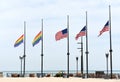 A rainbow flags and flags of US in Chicago, USA Royalty Free Stock Photo