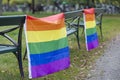 Rainbow Flags hanging on benches Royalty Free Stock Photo