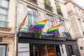 Rainbow flags of LGBT pride community in gay district of Paris
