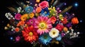 Rainbow flowers bouquet galaxy background. Bunch of pretty multicolored roses over starry space. AI illustration
