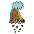 Rainbow with Flowers and Cloud in 70s or 60s Retro Trippy Style. Weather Funny 1970 Icon. Seventies Groovy Flowers. Royalty Free Stock Photo