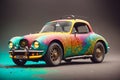 Rainbow and flowers painted retro hippie stylish small compact car, AI generated