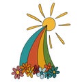 Rainbow with Flowers and Sun in 70s or 60s Retro Trippy Style. Weather Funny 1970 Icon. Seventies Groovy Flowers. Royalty Free Stock Photo