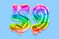 Rainbow foil balloon number, digit fifty nine on a blue background. Birthday greeting card with inscription 59