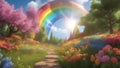 rainbow in the forest A colorful scene with a sunny forest and a rainbow. The forest is bright and cheerful,