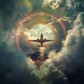 A rainbow is formed around an airplane flying through the sky Royalty Free Stock Photo