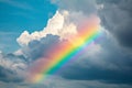 A rainbow forms in the midst of dark clouds, creating a striking contrast in the sky, A rainbow emerging from storm clouds, AI