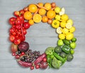 Rainbow frame made of fresh fruits and vegetables Royalty Free Stock Photo