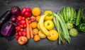 Rainbow fruit and vegetables on wood