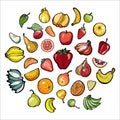 Rainbow fruits vector set isolated. Whole chopped strawberry, banana pear orange apple. Fruits collection hand drawn Royalty Free Stock Photo