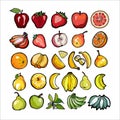 Rainbow fruits vector set isolated. Whole chopped strawberry, banana pear orange apple. Fruits collection hand drawn Royalty Free Stock Photo