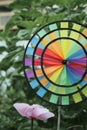 Rainbow garden spinner on an allotment