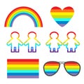 Rainbow gasses, heart, sunglasses, flag, girl boy pictogram icon set. Gay marriage. LGBT pride sign symbol. Flat design. White bac Royalty Free Stock Photo