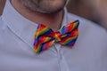 Rainbow gay flag on bow tie. Rainbow symbol of lgbt people, diversity of genders love. Lgbtq community pride month. Flag