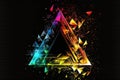 Rainbow glitched triangle on black background, geometric cyberpunk background. Generative ai