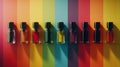 On a rainbow gradient background, colorful nail polish bottles feature diagonal patterns. Royalty Free Stock Photo