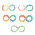 Rainbow gradient infinity signs collection. Loop shape vector illustration. Endless symbol. Autism and neurodiversity symbol